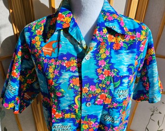 Vintage Hawaiian Shirt, Vivid Colors of Blue Pink Orange Aloha Hawaiian Island Tourist Shirt, 70s 80s Era Collard Unisex Shirt