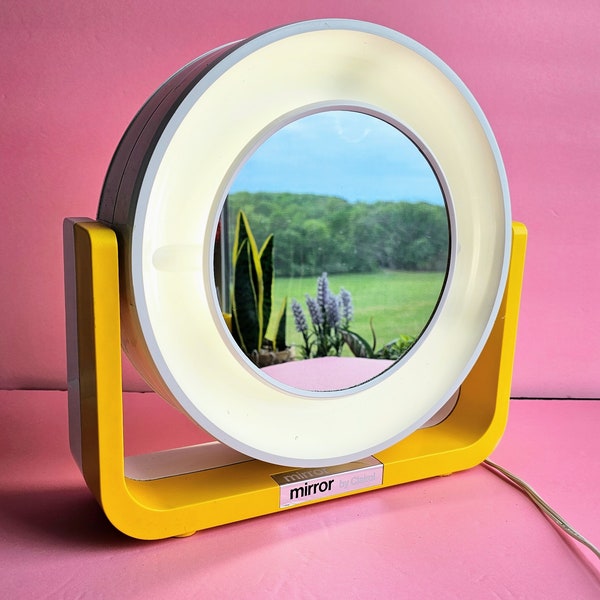 Vintage Clairol Round Light Up Makeup Mirror, Retro Yellow White Pivoting Vanity Mirror, Two Sided Table Top Magnifying Table Mirror