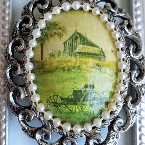 Vintage Porcelain Brooch Medallion Pendant, Micro Barn & Carriage Painting on Ceramic Base, Silver frame w/ Faux Pearls, Fancy Retro Art Pin