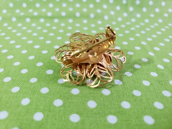 Vintage Gold Tone Flower Rose Brooch w/ Green Rhi… - image 4