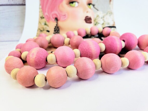 Vintage Pink Dyed Wooden Beads Necklace, Muted Pi… - image 3