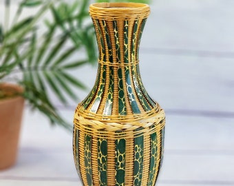 Wicker Vase With Green Gold Panels, CLEANED Vintage 70's Szhejiang Handicraft Retro Wicker Scape, 8.5" Vase