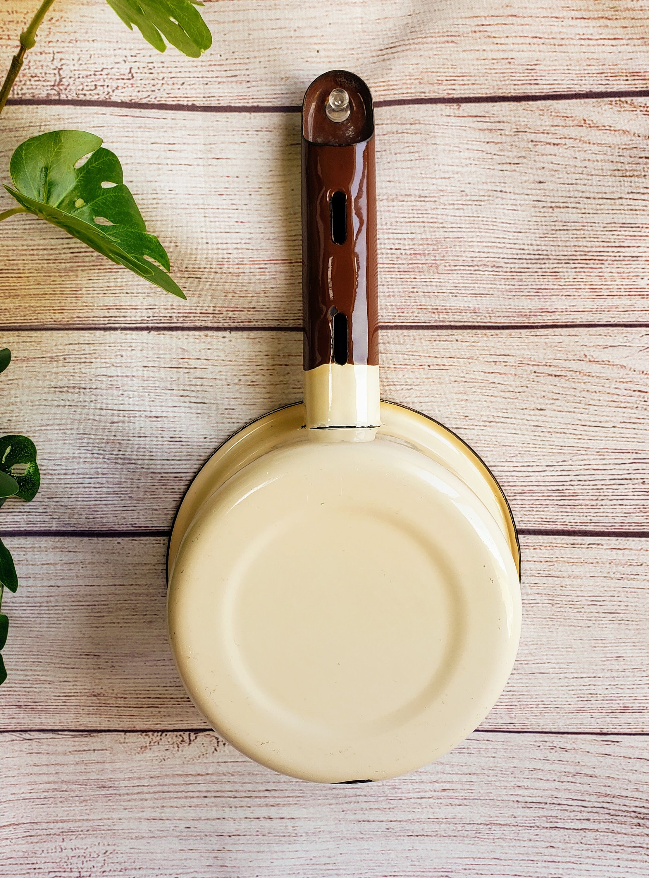 Small Vintage Enamel Saucepan Unused Beige Brown Enamel Pan Etsy