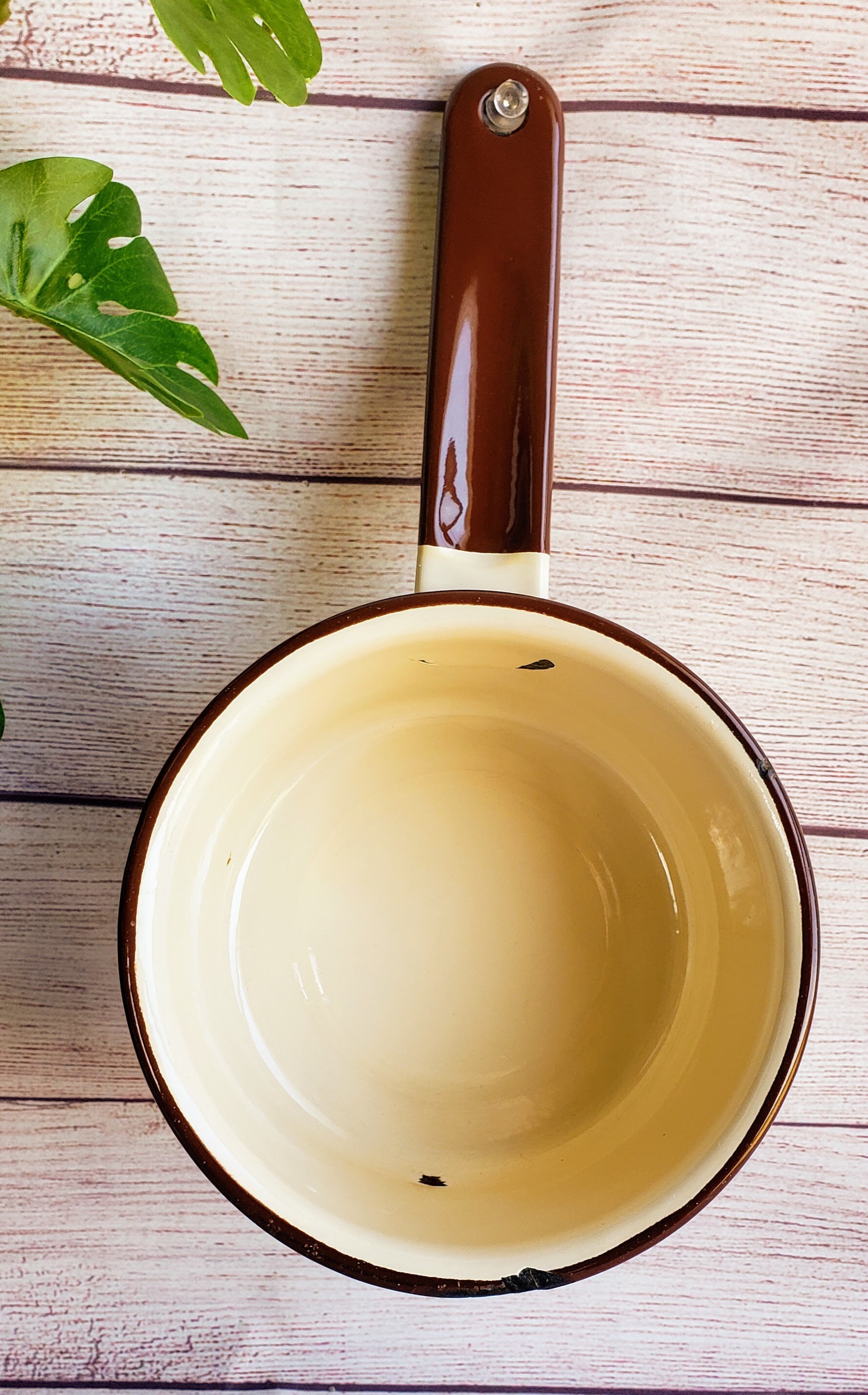 Small Vintage Enamel Saucepan Unused Beige Brown Enamel Pan Etsy