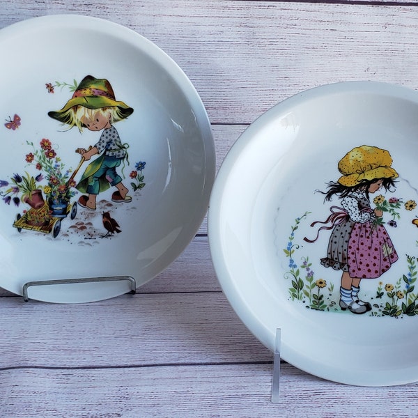 Vintage Whimsical Sarah Kay Ceramic Plates, Little Girls with Flowers and Gardening, Nursery Decor, Baby Shower Gift, Sarah Kay Art