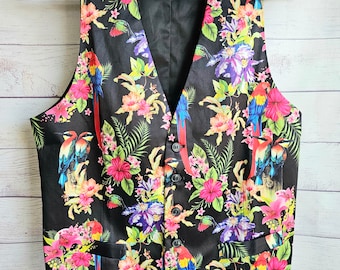 Vintage Men's Unisex Polyester Silk Vest by SSLR, Black with Bright Vivid Color Tropical  Print Exotic Flowers, Eccentric Suit Vest, Size S