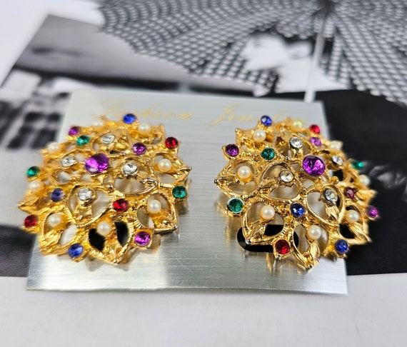 Vintage Gold Metal Earrings with colorful Rhinest… - image 5