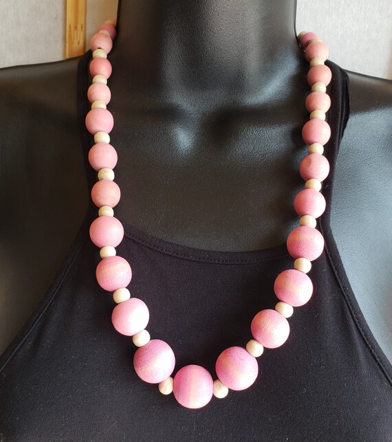Vintage Pink Dyed Wooden Beads Necklace, Muted Pi… - image 1