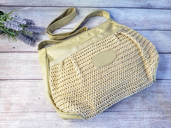 Vintage Beige Linen Purse with Crochet Detail by … - image 1