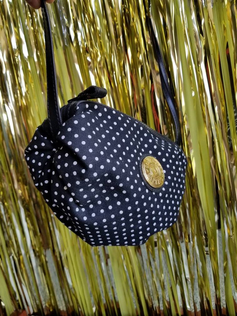 80s 90s Capezio Purse Gold Emblem Crossbody Satchel Black and White Polka Dot Print Small Puffy Canvas Handbag
