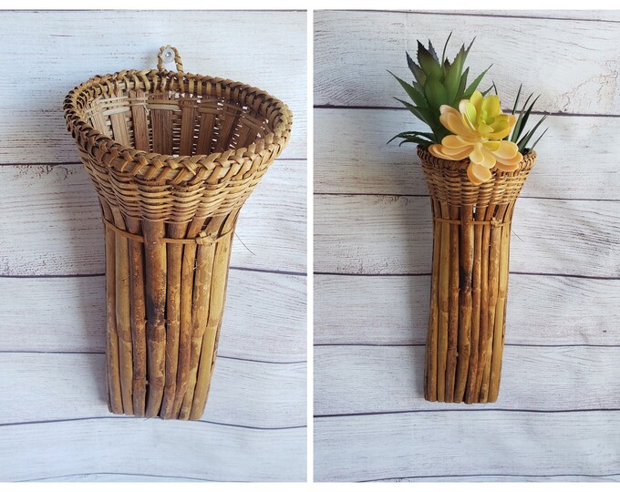 Rattan Wall Vase Bamboo Wicker Wall Pocket Retro Wicker Etsy