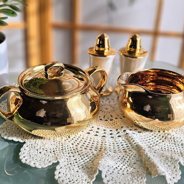 Vintage 22 karat Gold Creamer set With Shakers, WS George Derwood, Bougie Art Deco Era Serving Dishes, Sugar Bowl, Creamer Pitcher