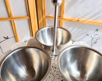 Vintage Condiment Server, Stainless Steel Three compartment Server, Silver Metal Bowls Caddy, Mid Century Retro Kitchenware