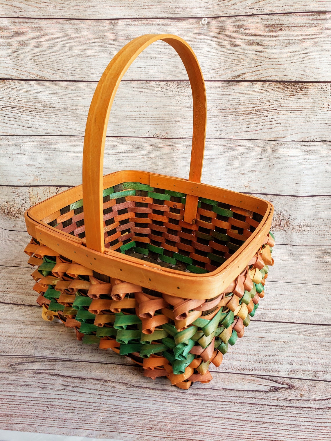 Unique Vintage Wicker Basket w/Handle Orange Green Brown Etsy