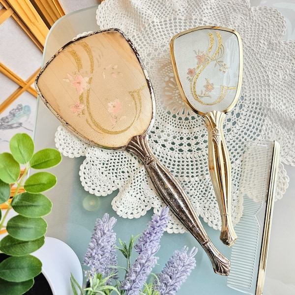 Antique Vanity Mirror Brush Comb Set, Victorian Style Handheld Mirror & Hair Brush, Vanity Dresser Bathroom Decor, Floral and Gold Glitter