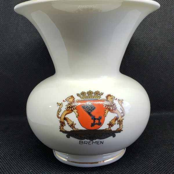 Vintage White Porcelain Vase w/ Bremen Crest Motif, AS KA Kunst Kronach Bavaria Germany, Hand Painted 1930's or 40's, Tourist Memorabilia