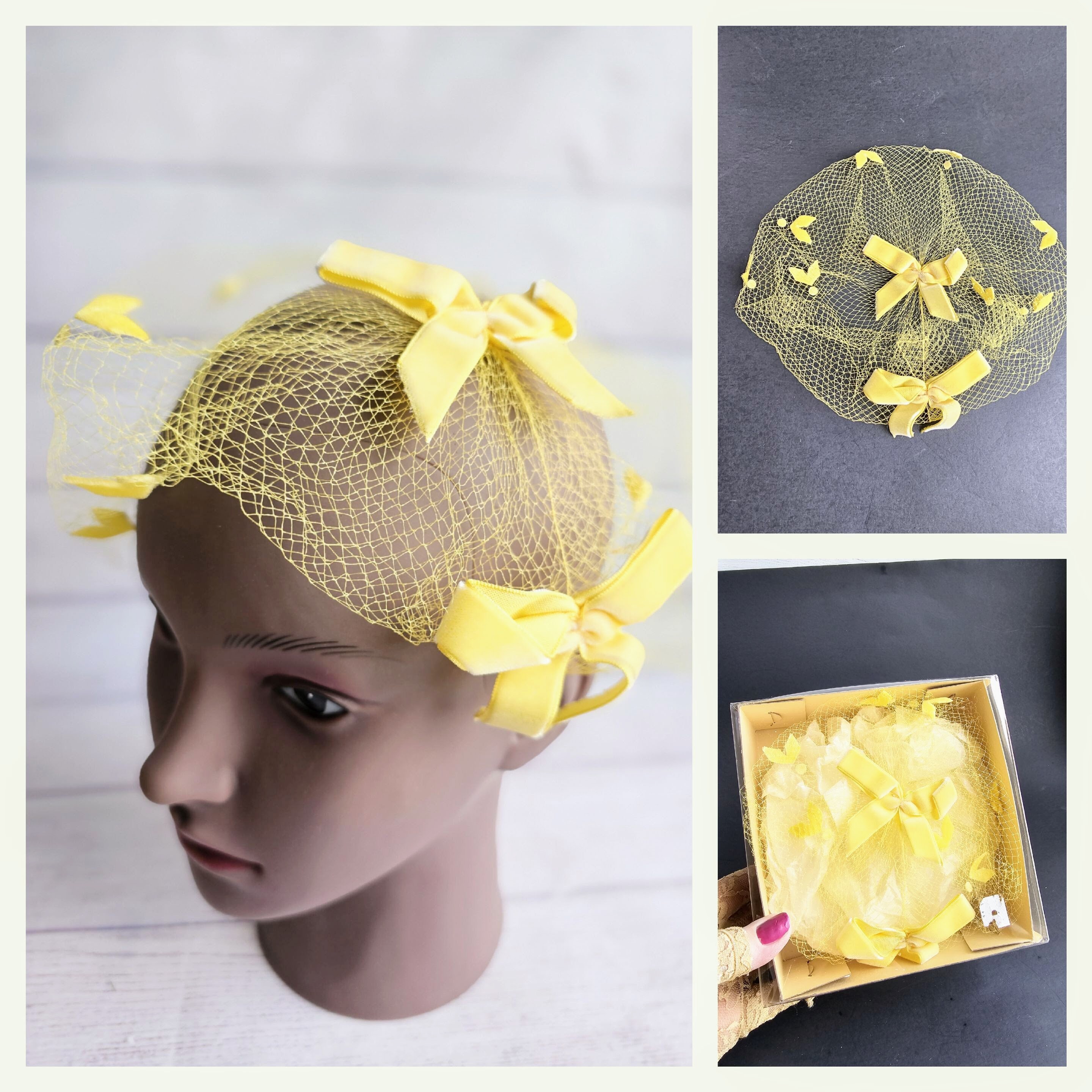 1940s 50s Yellow Hair Net Piece With Velvet Bows, Vintage  display picture 1