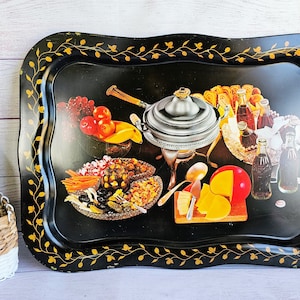 Large Vintage Enamel Tray, Black Metal Serving Tray with 70s Kitchen Motif, Charcuterie & Fondue Rectangular Decorative Tray, Retro Kitchen