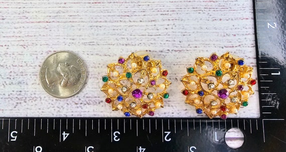 Vintage Gold Metal Earrings with colorful Rhinest… - image 2