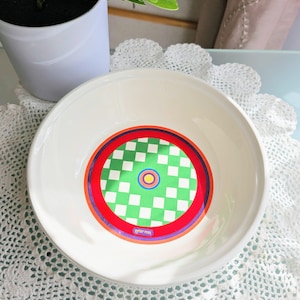Mid Century White Green Red Bowl, Peter Max By Iroquois China  60s 70s Era Checkerboard Pop Art Dish, RARE Coupe Soup Bowl
