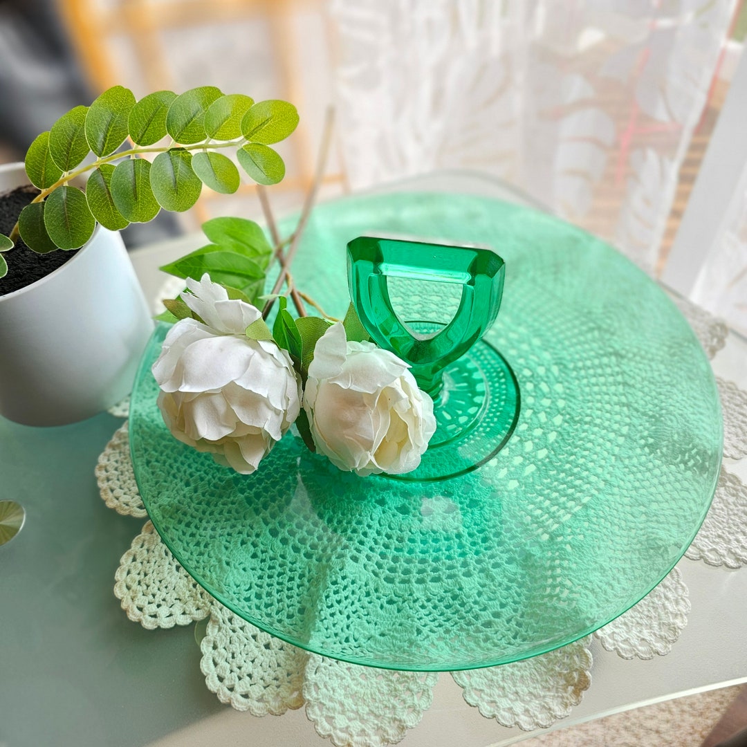 Vintage Green Uranium Glass Serving Tray W/handle, Large Retro Round