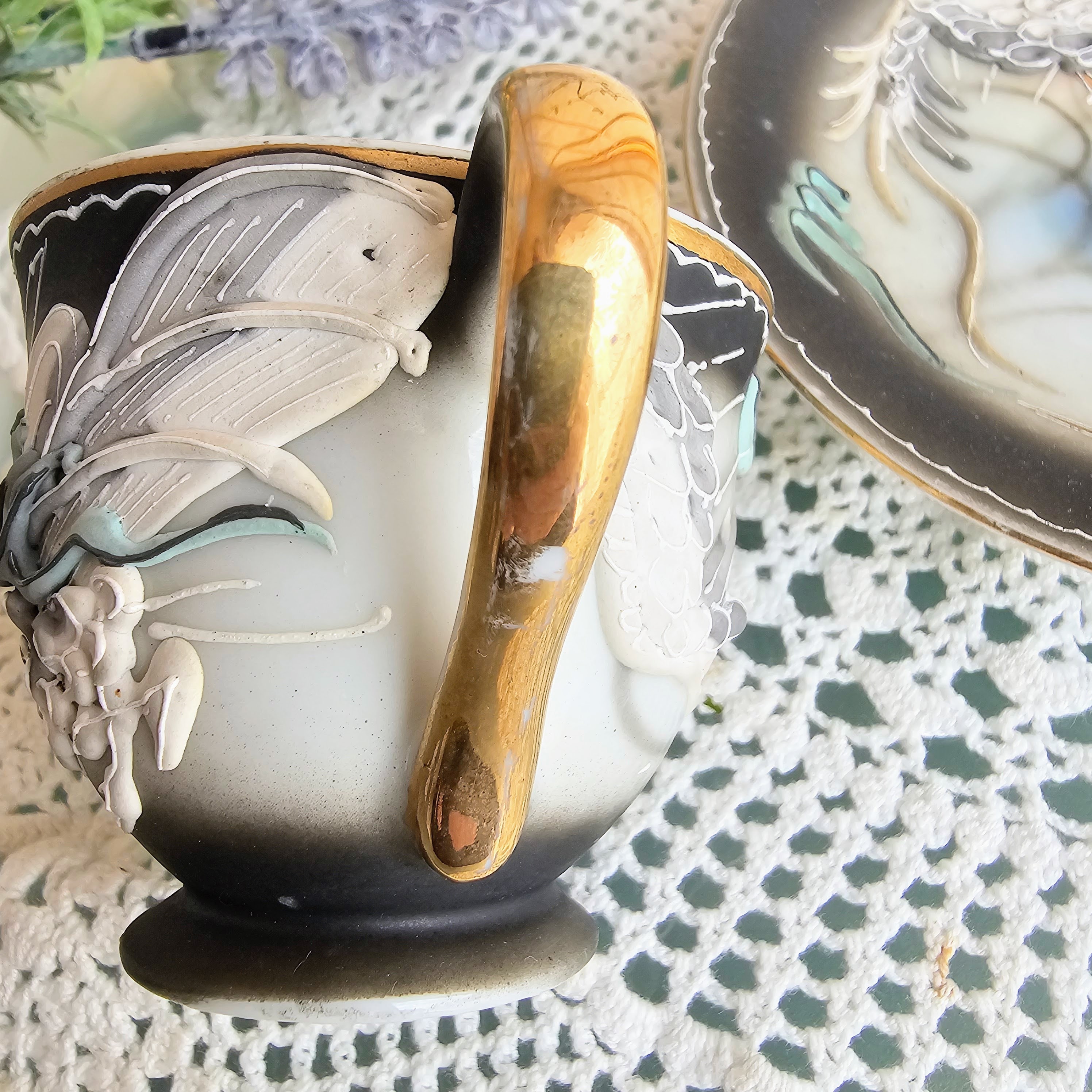 Vintage Japanese Dragon Cup and Saucer, Textured Motif With