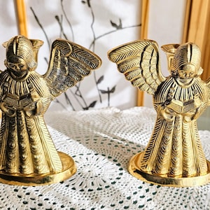Vintage Brass Angel Candlestick Holders with Patina, Gold Metal Angel Candle Holder, Set of 2