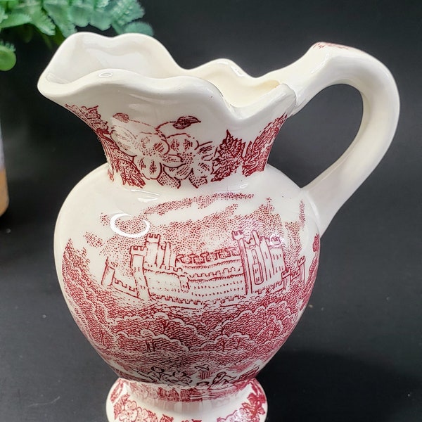 Vintage Small Ceramic Pitcher, White with Red Motif, Handled Small Vase, Colonial Style Decor, Mid Century Creamer Made in Japan