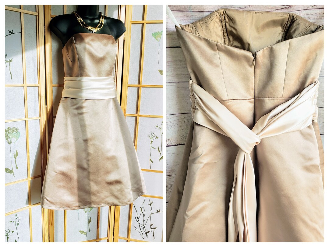 Bill Levkoff A line Silky Dress With Sash Knee Length Strapless Beige Cream Ribbon Wrap Prom Dress Formal Dress Bridesmaid Dress Sz 8 Etsy