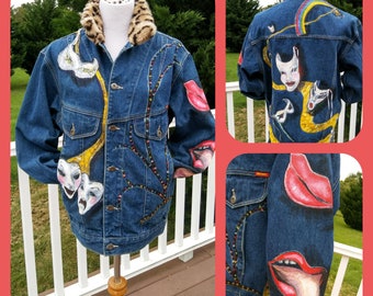Unique Vintage Wearable Art Denim Jacket Hand Painted Blue Jean Jacket, Theatrical Smiling/Frowning Masks, Wizard of Oz Rainbow Coat, Sz M