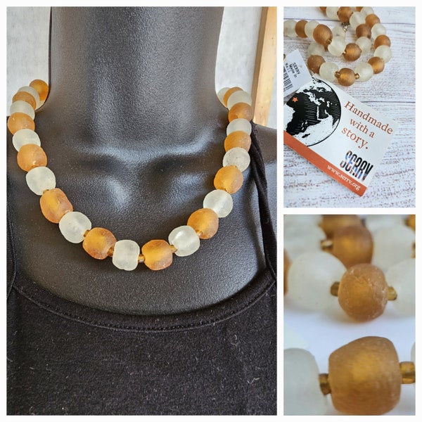 Frosted Glass Look Necklace, Brown and Semi Clear Beads, SERRV Made in Mali, Handmade with A Story Boho Jewelry, Fair Trade Jewelry Necklace