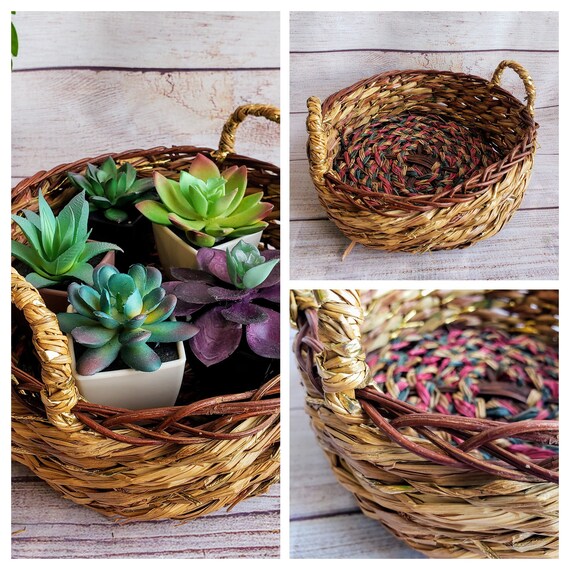 Vintage Multi Color Reed Grass Wicker Woven Round Basket W Handles Brown Beige Green Red Gold Detail Vintage Wicker Scape Basket Planter Etsy Canada