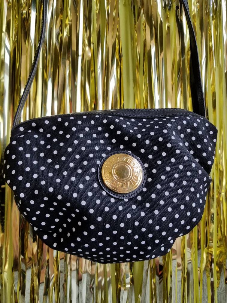 80s 90s Capezio Purse Gold Emblem Crossbody Satchel Black and White Polka Dot Print Small Puffy Canvas Handbag