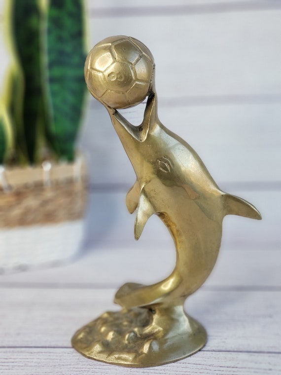 Vintage Brass Dolphin Figure With Soccer Ball in Mouth, Retro