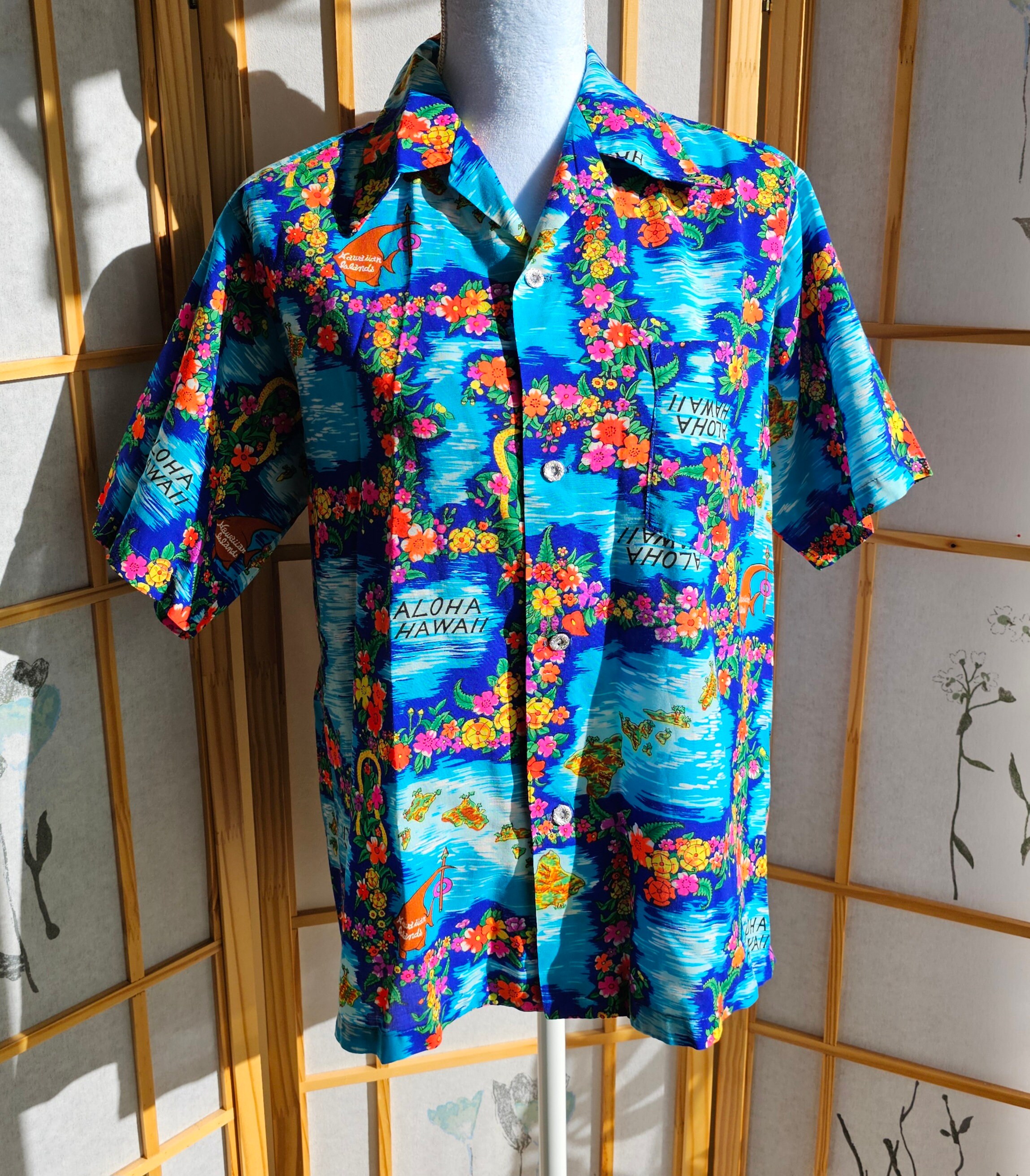 Vintage Hawaiian Shirt, Vivid Colors of Blue Pink Orange Aloha 