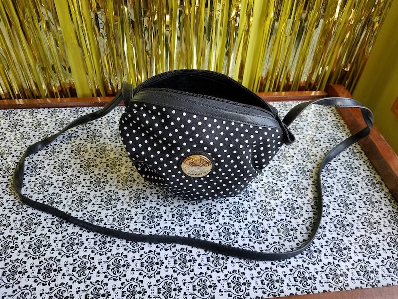 80s 90s Capezio Purse Gold Emblem Crossbody Satchel Black and White Polka Dot Print Small Puffy Canvas Handbag