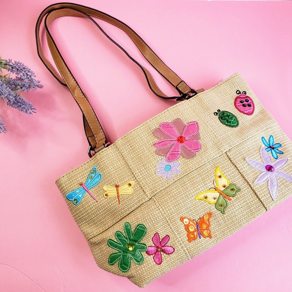 Vintage Purse, Colorful Butterflies and Flower Appliques with Sequins, Tan Beige Shoulder Bag, Multiple Pockets and Compartments, Boho Bag