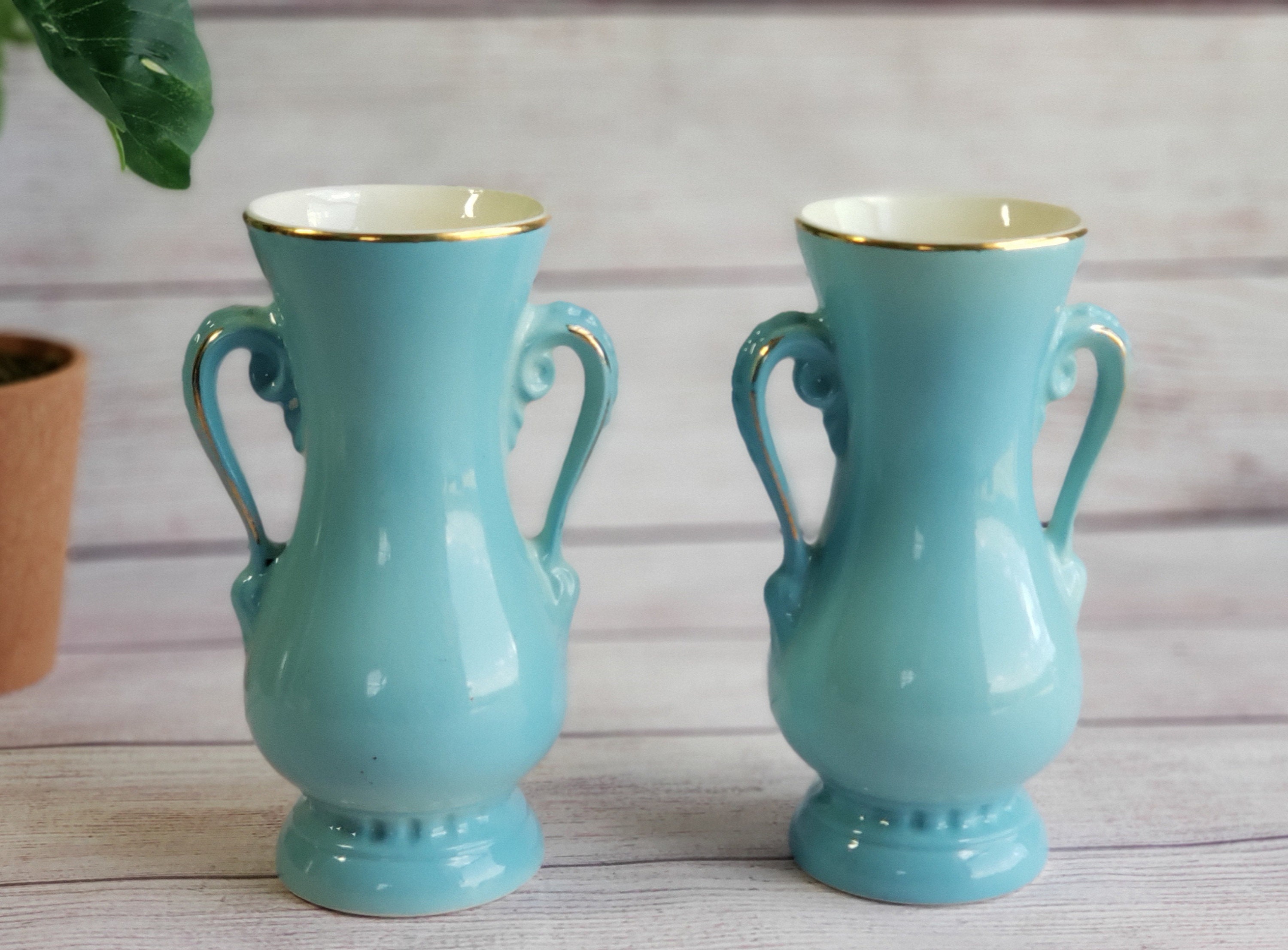 Vintage Ceramic Blue Vase Set of 2 Royal Copley Vases Mid Etsy