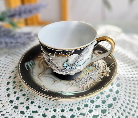 Vintage Japanese Dragon Cup and Saucer, Textured Motif With