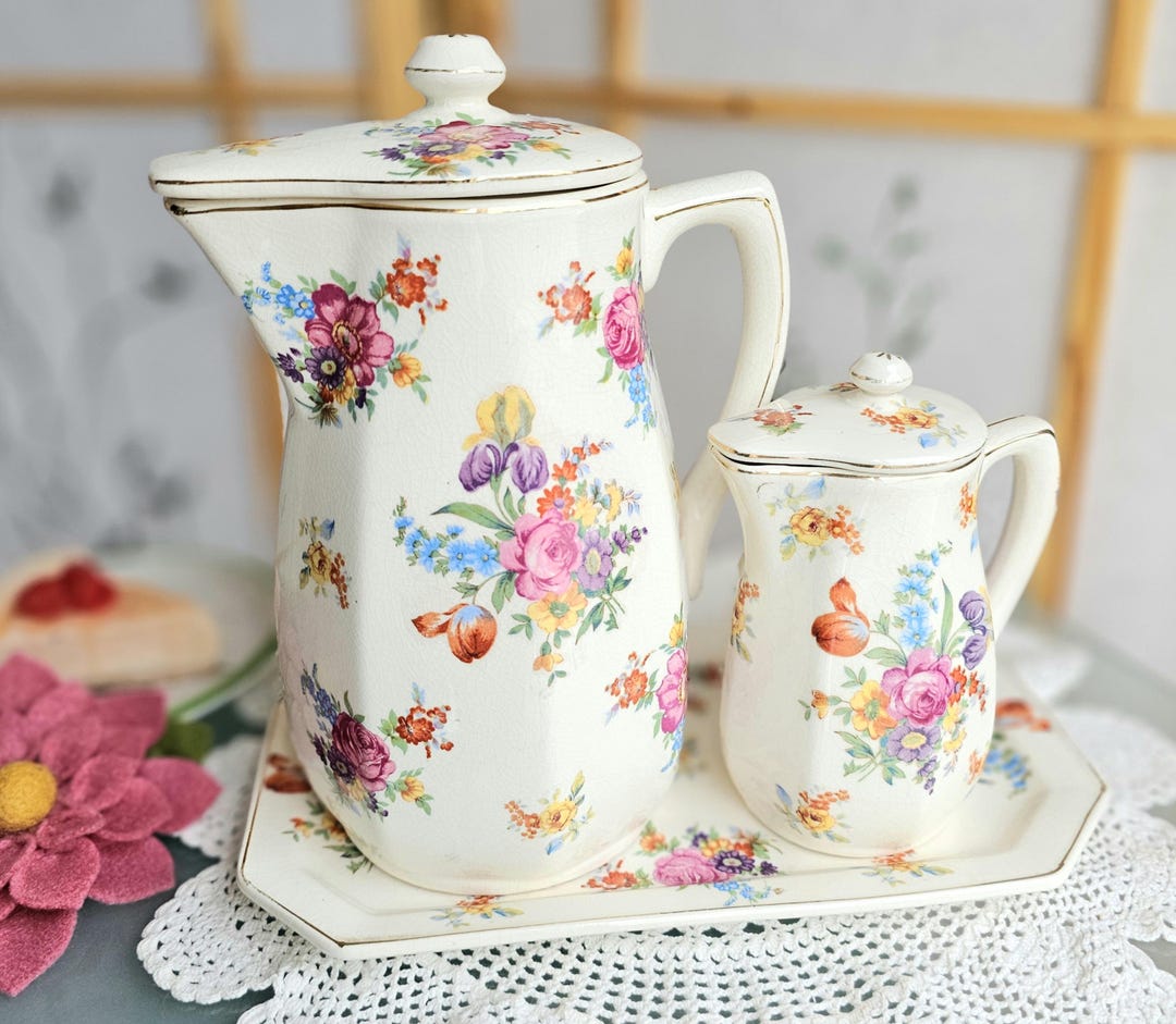Vintage Ceramic Pitcher Set on Tray, Colorful Floral Pattern ...