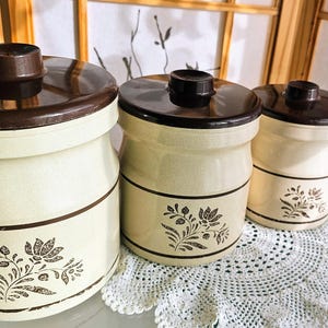 Vintage Tin Canister Set, 4 Piece Set Brown Beige, Tea Sugar Coffee Flour Metal Containers, 70s Retro Kitchen Storage, Countrycore