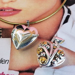 Heart Locket Pendants with one Tubagas Gold Tone Choker Necklace, Vintage New Old Stock Laser Engraving Heart Locket, 2 Chunky Bubble Hearts