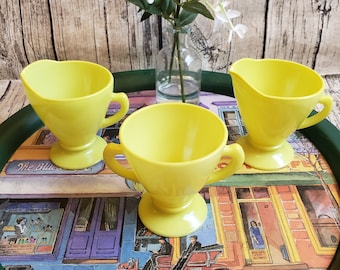 Vintage Hazel Atlas Creamer/Sugar Pitcher Cup Set (3)  Retro Pastel Platonite Milk Glass, Ovide Chartreuse, Ice Cream Party Topping Holders