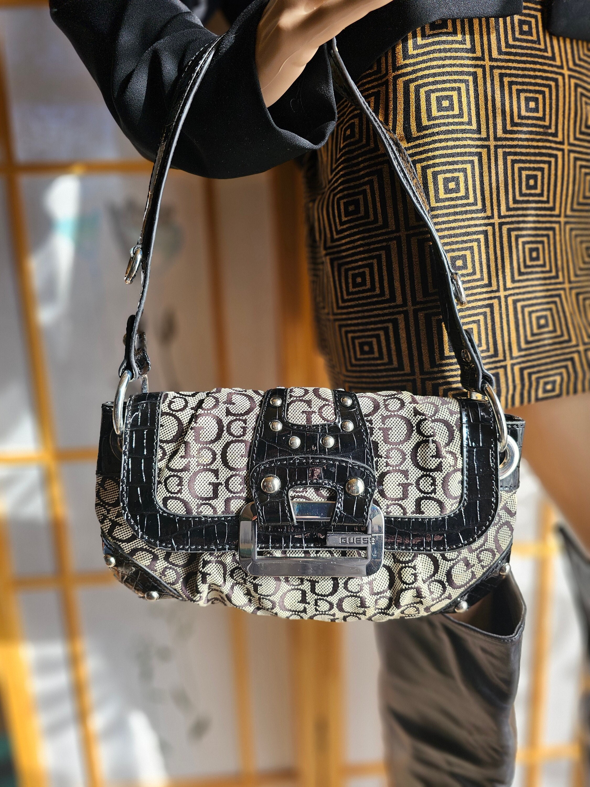 Y2K Guess Bag, Black Tan Chunky Silver Buckle , Vintage Y2K Guess Bag, Black Tan Chunky Silver Buckle , Vintage