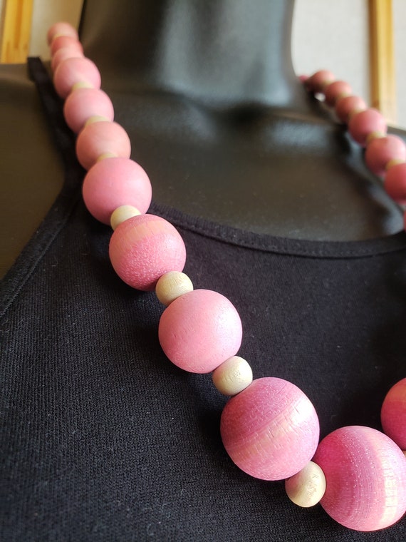 Vintage Pink Dyed Wooden Beads Necklace, Muted Pi… - image 2