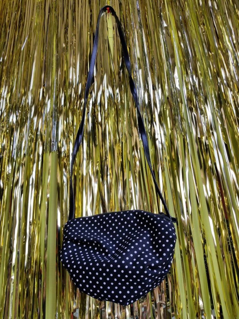 80s 90s Capezio Purse Gold Emblem Crossbody Satchel Black and White Polka Dot Print Small Puffy Canvas Handbag