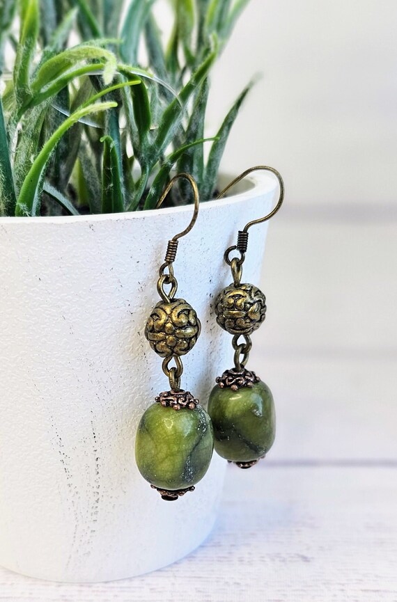 Green Marble Stone Earrings, Antique Look, Natural