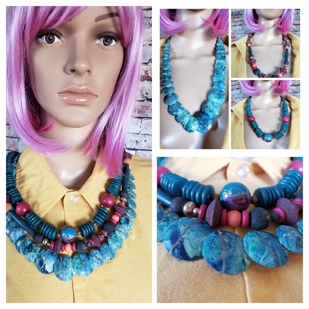 Set of 3 Mixed Shape Beaded Necklaces, Chunky Statement Jewelry, 2 Wood