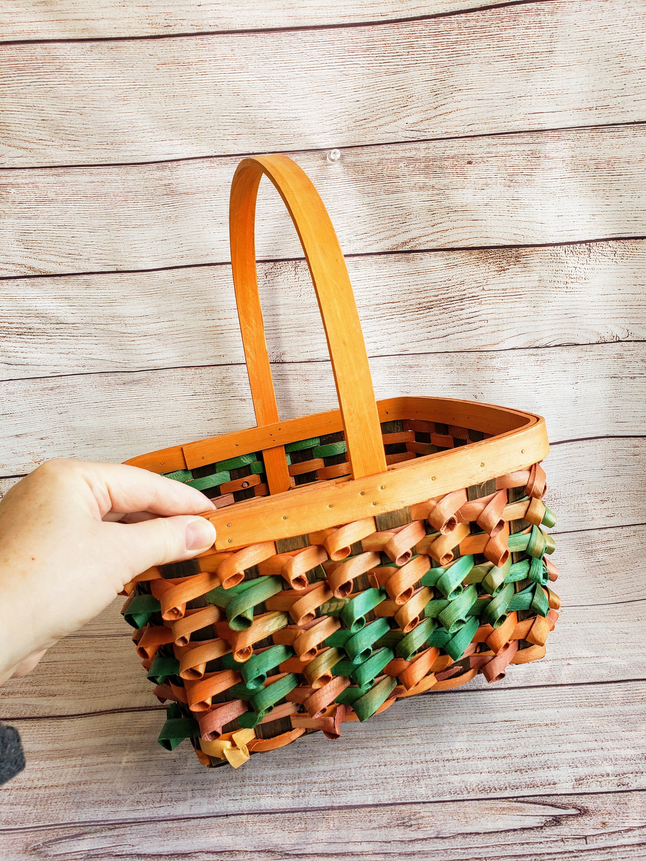 Unique Vintage Wicker Basket w/Handle Orange Green Brown Etsy