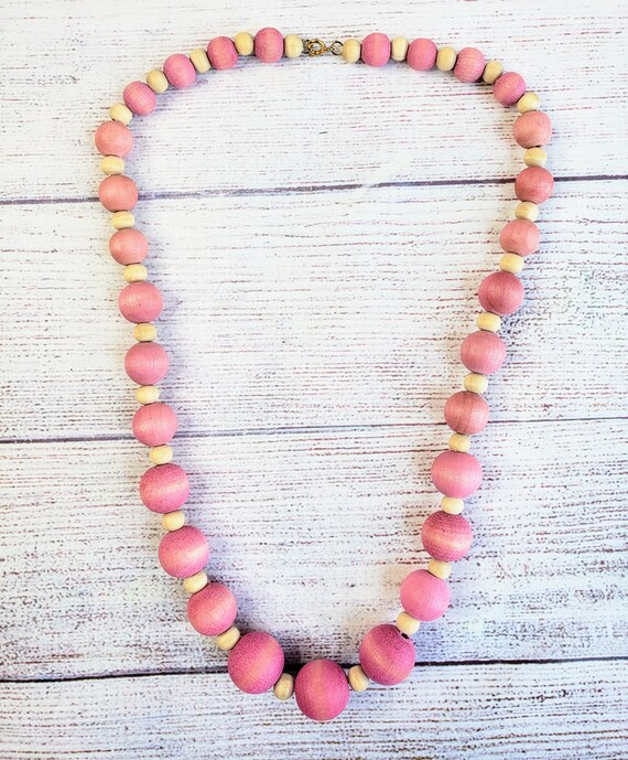 Vintage Pink Dyed Wooden Beads Necklace, Muted Pi… - image 6